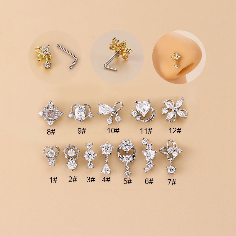20G L-Shaped Cubic Zircon Nose - Body Jewelry Surgical Steel 评论和价格